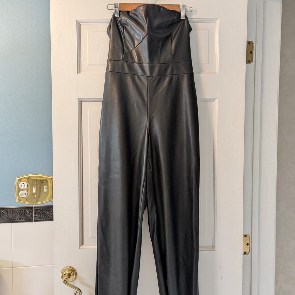 Banana Republic Vegan Leather Black Strapless Jumpsuit